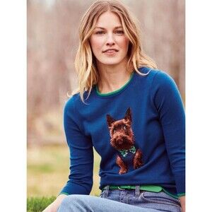 Lands' End Scottie Dog Sweater Womens XL Petite Blue Green Knit Supima Cotton